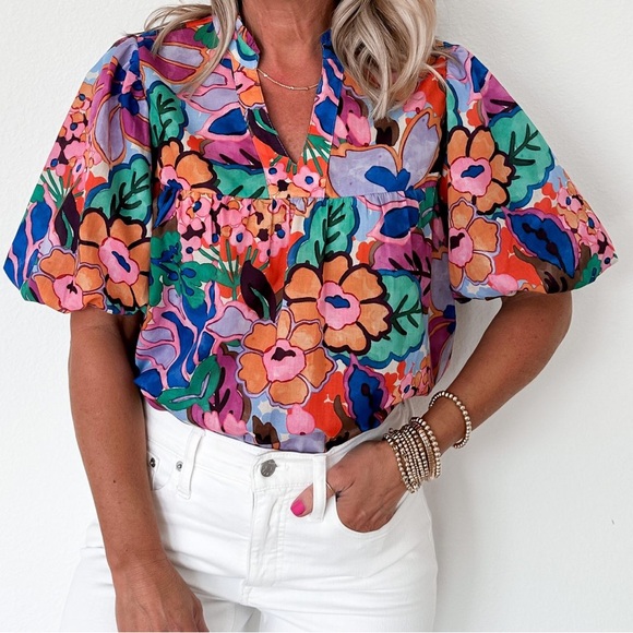 THML Tops - THML Multicolor Floral Puff-Sleeve Blouse